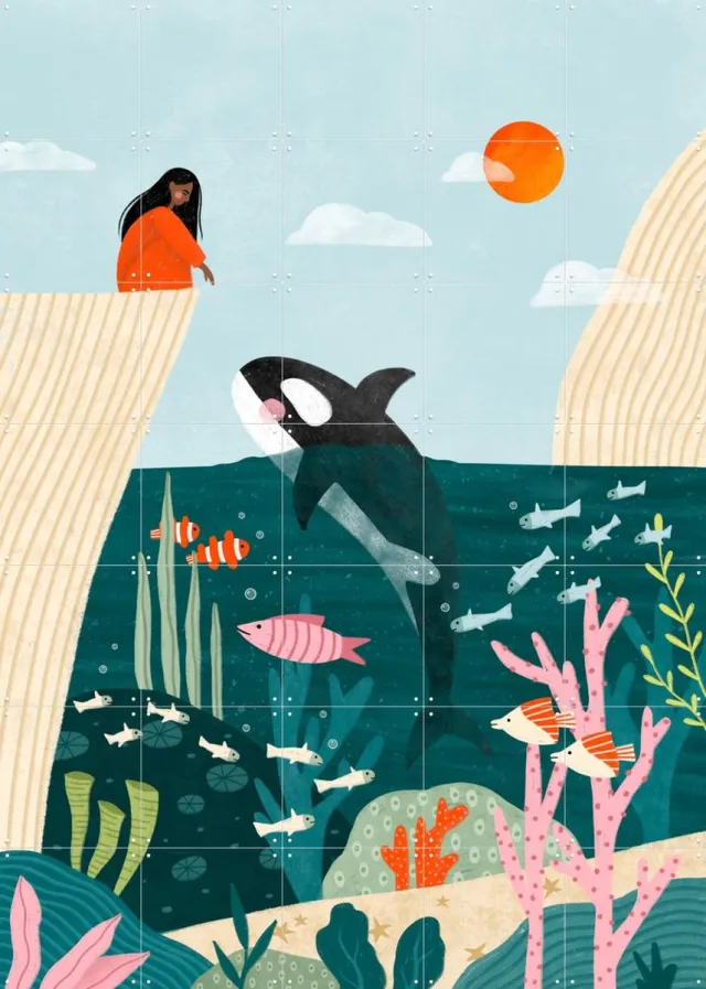 IXXI Bea Muller Underwater Scene, Bea Müller & Various - 100 x 140 cm - Grote wanddecoratie en posters - Modern, Kleurrijk, Fantasierijk, Cartoonesk Groen / Blauw