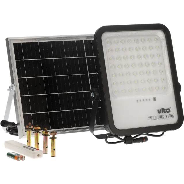 Vito Sahara - Solar LED Schijnwerper 150W - Schemersensor - 1650lm 6000K IP65 - 3.2V 12000mAh Accu - Zwart - 5m