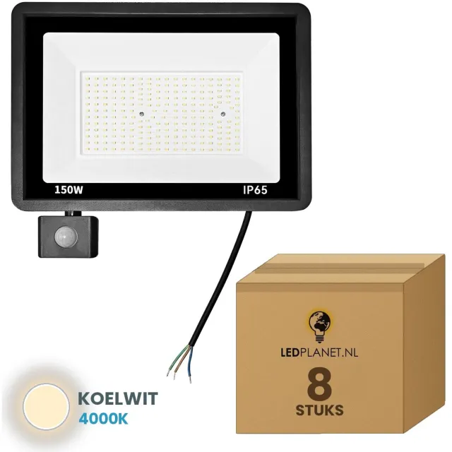 Tsong LED Schijnwerper 150W - 8 stuks - 18.000 lm - Koelwit 4000K - 120° Breedstraler - Bewegingssensor - IP65 - Buitenlamp & Gevelverlichting - 2 jaar garantie