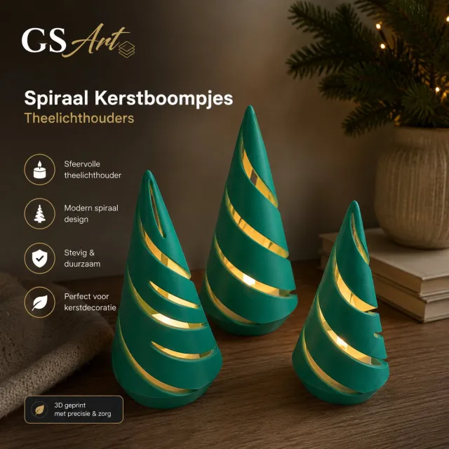 GSArt Spiraal Kerstboompjes Theelichthouders – Set van 3 met LED Theelichtjes - Maretak groen
