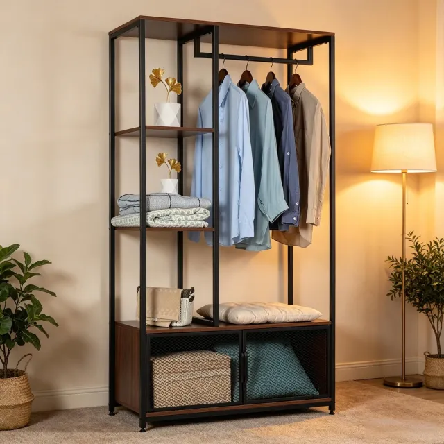 Clruro Kapstok - 90 × 40 × 167 cm - met Schoenenopslag - Verstelbaar - Open Design - MDF + Metaal - Donker Hout en Zwart