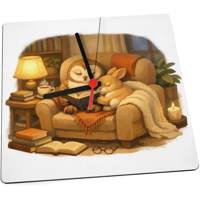 Mr Cadeautjes Klok 19 x 19 - design Een stille leeshoek met een uil en een konijn op een comfort | cadeau Wit