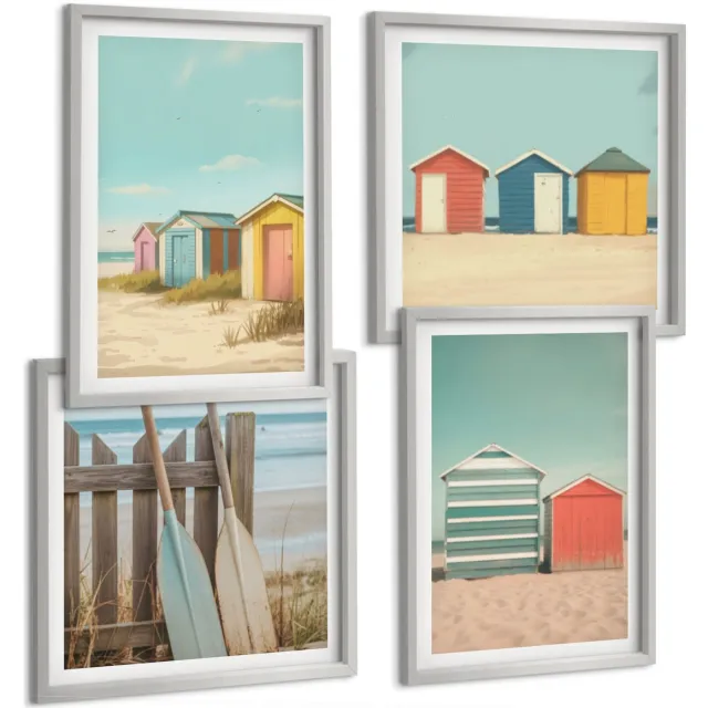 TULUP 4-Delige Schilderij Set - Kleurrijke strandhuisjes in de zomerzon - 40 x 40 cm en 40 x 60 cm - Wanddecoratie - Schilderijen Set - Interieur - Decoratieve Schilderijen Zilveren lijst