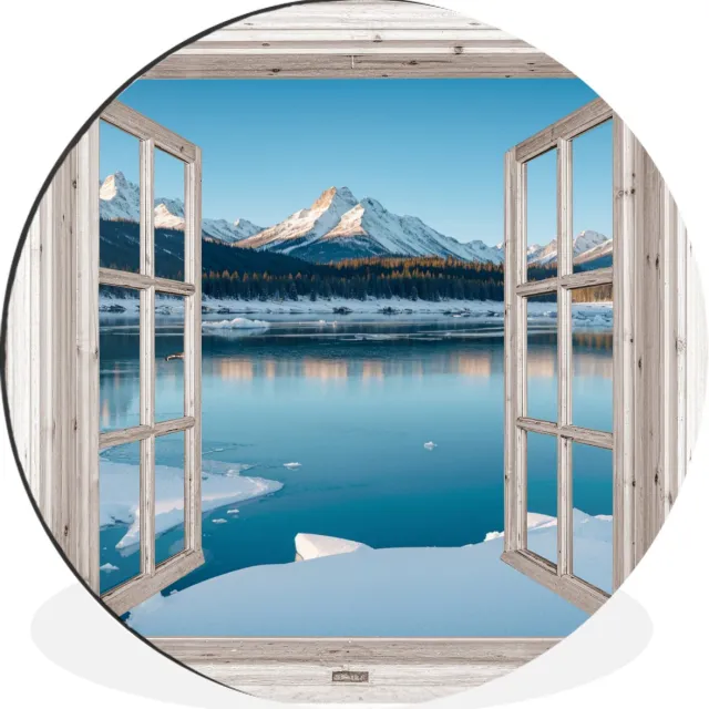 WallCircle Wandcirkel - Muurcirkel - Landschap - Winter - Meer - Bergen - Uitzicht - Doorkijk - Licht - Aluminium - Dibond - 140x140 cm - Binnen en Buiten