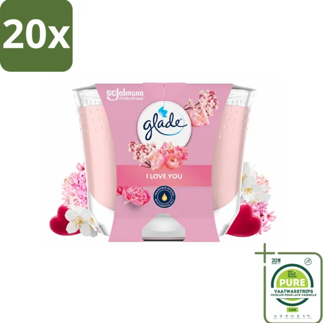 Glade 20 x Glade - Geurkaars I Love You - 100% Raapzaadwas - 204 g - Grootverpakking - Vaatwasstrips - Geurkaars - Romantische Geur - Bloemen Geur - Perzik Geur - Meloen Geur roze