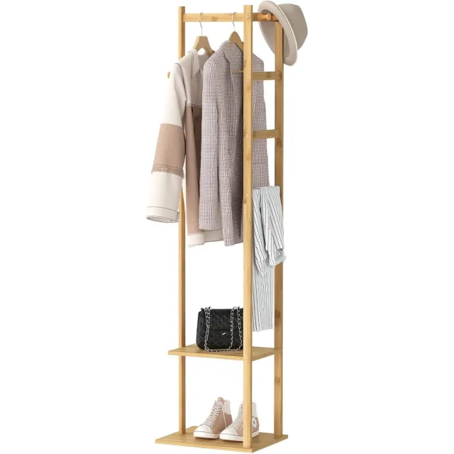 Unho Bamboe Kapstok - Kledingrek - Kapstok - Vrijstaand - 2 Planken - 3 Haken voor Kleding, Hoeden, Tassen, Hal, Entree Natuurlijk