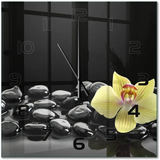 TULUP Wandklok - Orchidee Klok Glas Met Opdruk - 60x60 cm - Zwart Moderne Wandklok Glas - Zwarte handen - Vierkante Klok - Decoratieve Glazen Klok - Glazen Wandklok Design