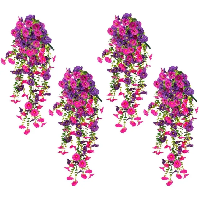 KCVV Kunst hangplanten-kunstbloemen voor buiten-4 kunstplanten - hangende petunia's - voor binnen- en buitenmuren en balkons - paars - 75 cm