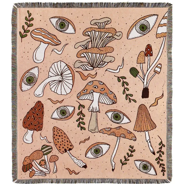 STUDIO Ivana van der Ende Geweven kleed met paddenstoelen - jacquard deken met print - paddenstoelen/ogen - licht oranje - 130 x 150 cm - STUDIO Ivana