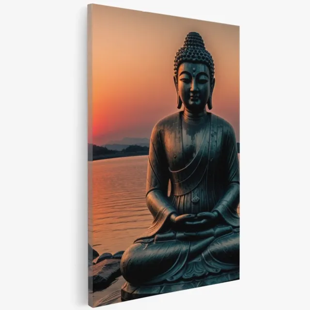 Saammp Canvas Schilderij - Boeddha bij het water tijdens Zonsondergang - 40x50 - Foto op canvas - Wanddecoratie - Muurdecoratie Woonkamer - Canvas schilderijen Multicolor