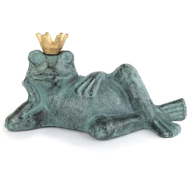 Moritz Tuinbeeld Kikker met Kroon - Gietijzer - 19 cm breed - Turquoise Goud Patina - Kikkerbeeld liggend uitgestrekt met gouden kroon en patina - Geschikt voor binnen en buiten - Tuindecoratie voor muur, border en vijverrand - 1 stuk per doos