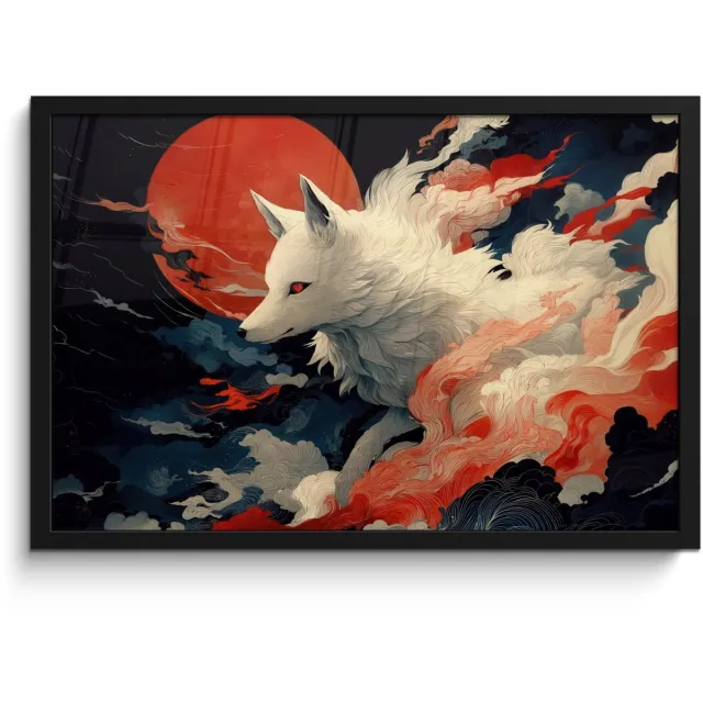 FrameYourWall Poster in lijst - Fotolijst 60x40 cm - Posters - Witte vos - wolken - maan - Posterlijst zwart - Decoratie - Wanddecoratie woonkamer - Muurdecoratie slaapkamer