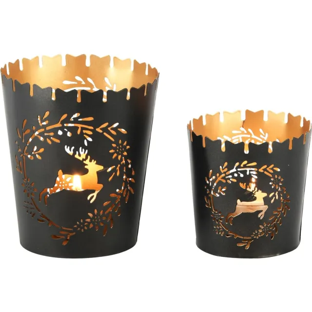 dekoratief Set 2 theelichthouders 'Deer in Wreath', zwart/goud, 10x10x11cm | A248135