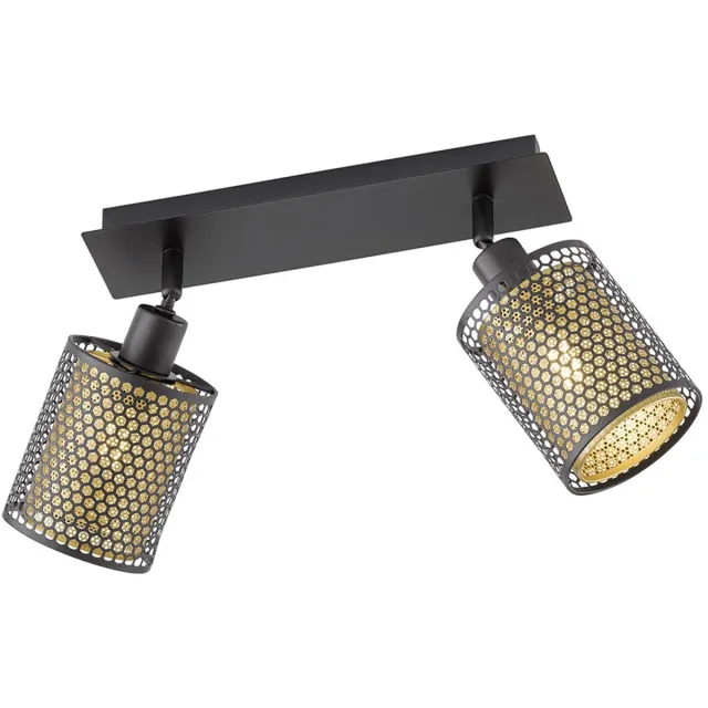 Wofi Spotlight zwart goud 2 vlam plafondlamp draaibaar 2 spots vintage, ijzer staal, rooster optiek, 2x E14 stopcontacten, LxBxH 30x10x21 cm, Wofi 12108