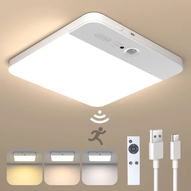 Epochglo Oplaadbare LED Plafondlamp met Bewegingssensor - Microgolfsensor (Radar) - USB Oplaadbaar - 3 Kleurtemperaturen (3000K/4500K/6000K) - Magnetische & Dimbaar - Met Afstandsbediening - Plafonnière voor Hal, Gang, Zolder & Trappenhuis - Wit