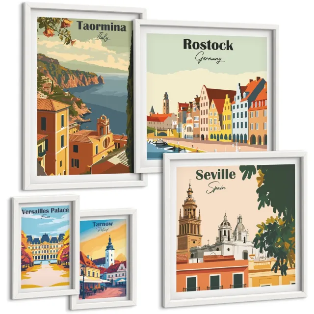 Coloray 5-Delige Schilderij Set - Landschappen Van Europese Steden Met Architectonische Iconen - 50 x 50 cm, 20 x 30 cm En 40 x 60 cm - Wanddecoratie - Schilderijen Set - Kantoor Witte lijst