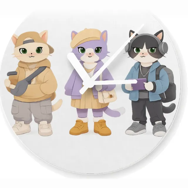 Mr Cadeautjes Glazen klok Ø 20 - design Drie modieuze katten in pastel-outfits, elk met een andere h | cadeau Wit