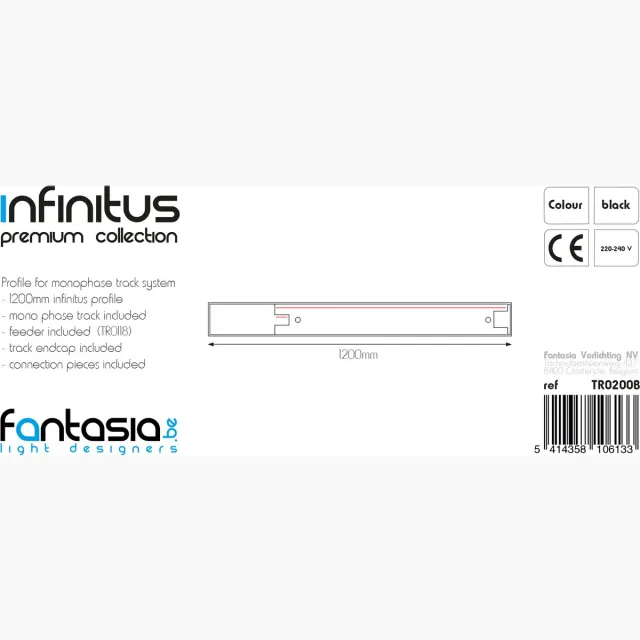 Fantasia Infinitus railprofiel voor verlichting, 1200 mm, aluminium zwart, monofase 220V, dimbaar, 40 x 70 mm