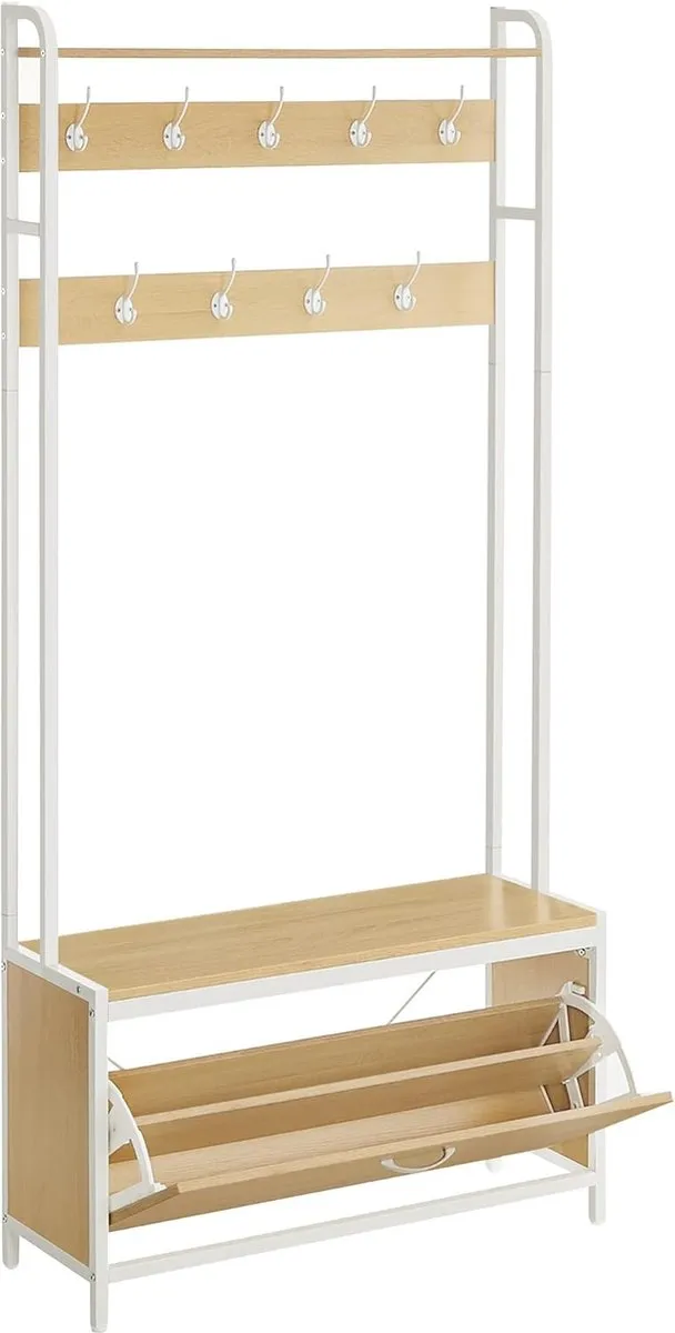 FurnStar Kapstok met schoenenopberger - halboom met bank - 9 haken en bovenste plank - voor hal - slaapkamer - industriële stijl - rustiek bruin en zwart