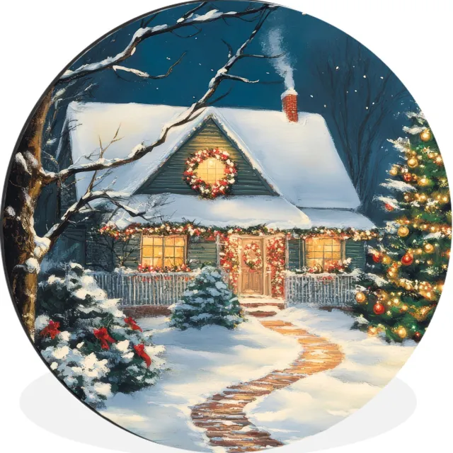WallCircle Wandcirkel - Muurcirkel - Kerst - Kerstboom - Winter - Huis - Sneeuw - Aluminium - Dibond - 60x60 cm - Binnen en Buiten Huis - Kerstboom