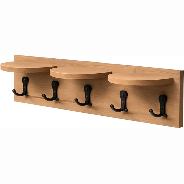 Wood works WoodWorks Wandkapstok Hout met 3 Plankjes en 5 Zwarte Haken – 90x20 cm – Industrieel & Scandinavisch – Wandrek voor Hal, Slaapkamer of Badkamer – MDF Houtlook Walnoot