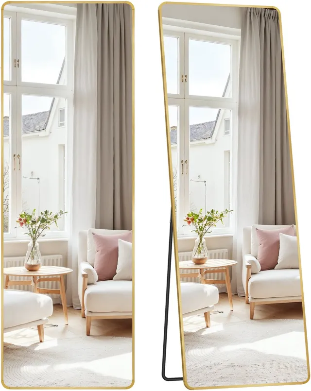 Songmics Spiegel - Spiegel staand - Aluminium Frame - Veilig Hardglas - Voor Hal en Slaapkamer Bleekgoud