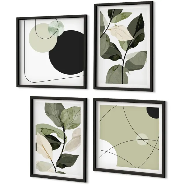 Coloray 4-Delige Schilderij Set - Geschilderde Bladeren En Abstracte Vormen - 40 x 40 cm En 40 x 60 cm - Decoratieve Schilderijen - Wanddecoratie - Hal - Muurdecoratie Zwarte lijst