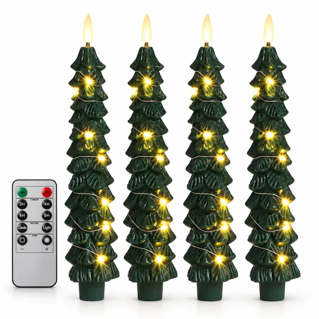 Huttutu LED Kaarsen - Kerstboom Vlamloze Taper Kaarsen met Houder - Afstandsbediening en Timer - 10-toets Afstandsbediening Inbegrepen - Voor Feest en Kerstdecoratie - Set van 4 Groen