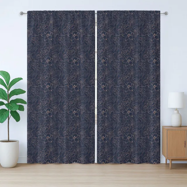 ABAKUHAUS Marineblauwe rustieke gordijnen, abstract bloemenmotief, slaapkamergordijn met plooien, lussen en haken, 280 x 175 cm, indigo zandbruin