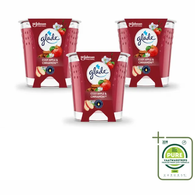 Glade 3 x Glade - Geurkaars Cosy Appel Kaneel - 100% Raapzaadwas & Vegan - 112 g - Grootverpakking - Vaatwasstrips - Geurkaars - Vegan - Warme Geur - Appel - Kaneel rood