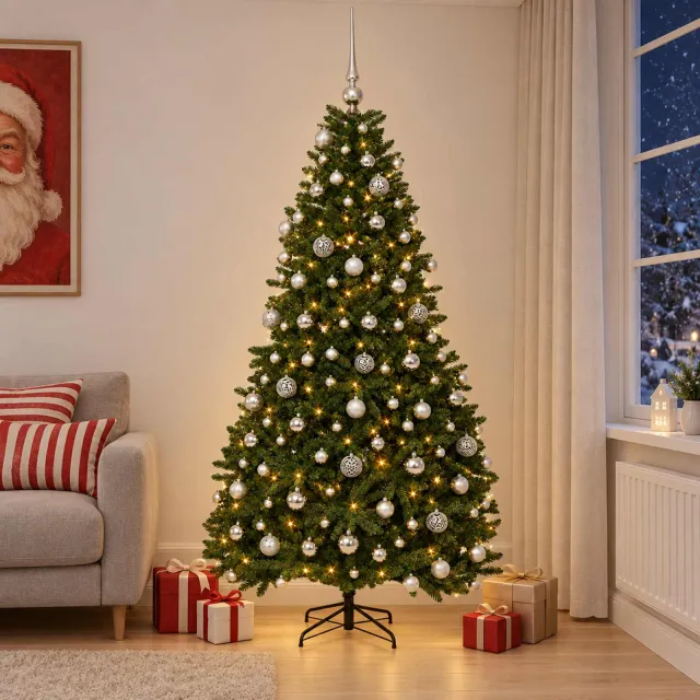 vidaXL Kunstkerstboom middengroen met kerstbal 210 cm 300 LED's