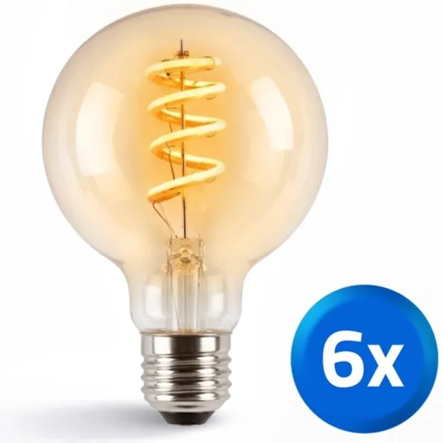 RexTech Zigbee E27 spiraal filament G95 lampen - Voordeelset van 6 - Dual White - Amberkleurig - 4 watt - 330 lumen - Slimme bediening met Smart Life App - Slimme verlichting