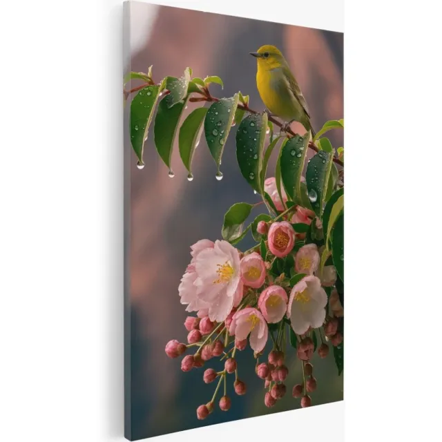 Saammp Canvas Schilderij - Kolibrie op tak met roze bloesem - Natuur - Bloemen - 75x100 - Foto op canvas - Wanddecoratie - Muurdecoratie Woonkamer - Kantoor Decoratie Multicolor