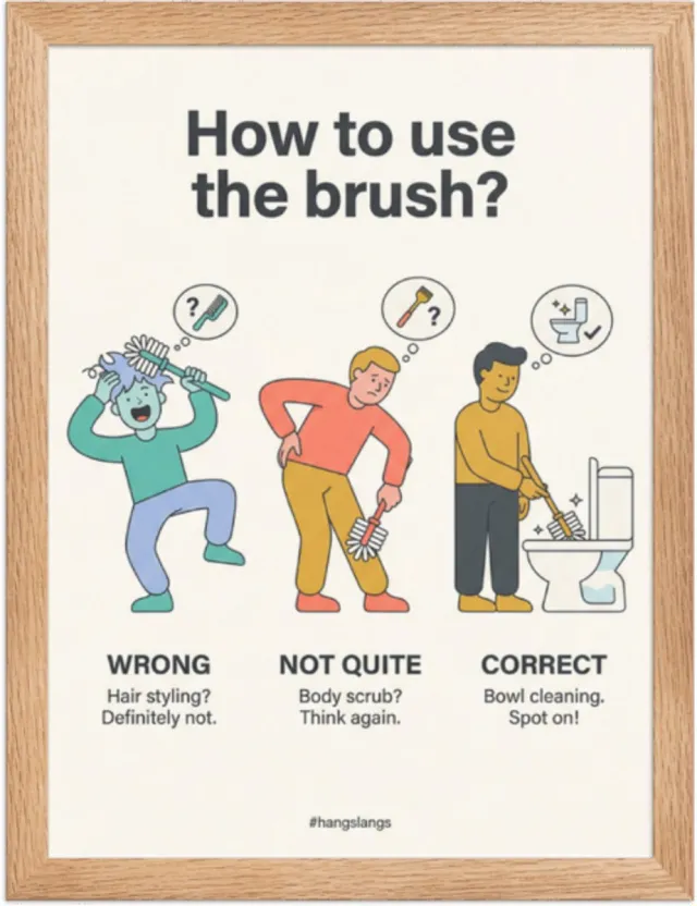 HangSlangs Funny Toilet Poster “Brush” – Quirky Wall Art Print – Home & Living Room Décor – 30×40 cm / A3 - Framed Premium Poster - Badkamer Oak