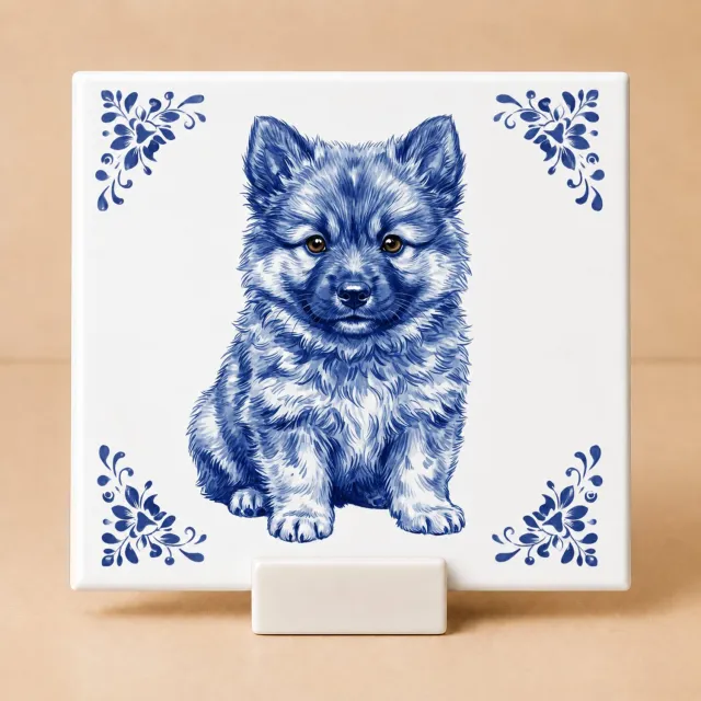 Bedruk King Delftsblauw Tegeltje 11x11 Puppy met Houdertje – Cadeau voor Hondenliefhebber of Baasje Wit