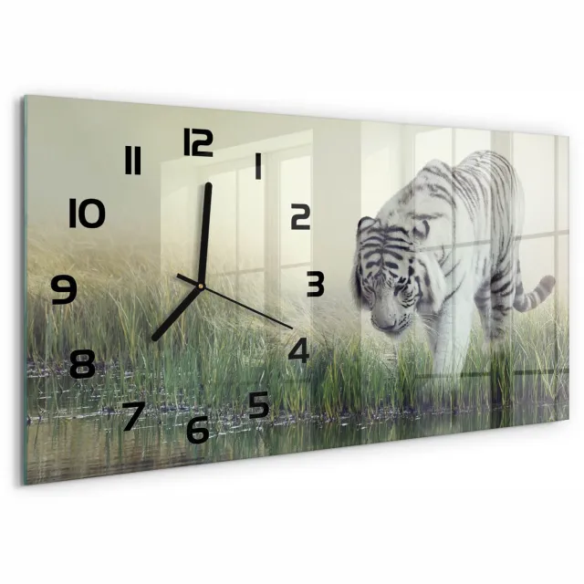 TULUP Wandklok - Witte Tijger Wandklok Glas Met Motief - 60x30 cm - Wit Decoratieve Glazen Klok - Zwarte handen - Rechthoekige Klok - Gekleurde Glazen Klok - Glazen Klok Met Print