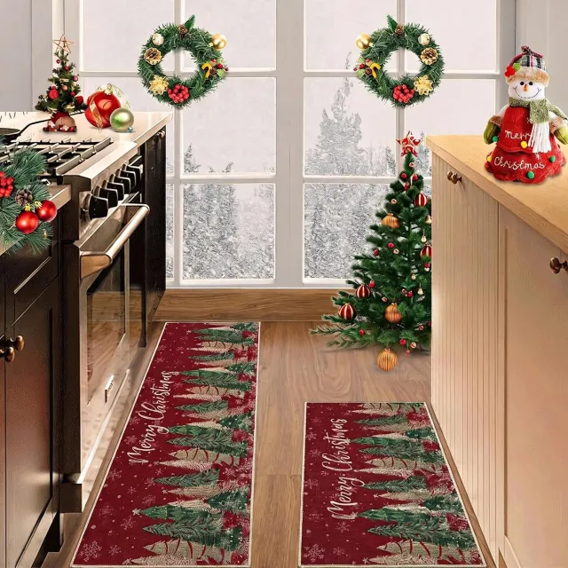 Danky Deurmat Set Kerst 40 x 60 cm + 40 x 120 cm - Rood Kerstboom Design Antislip - Kerstmis Mat voor Hal en Keuken