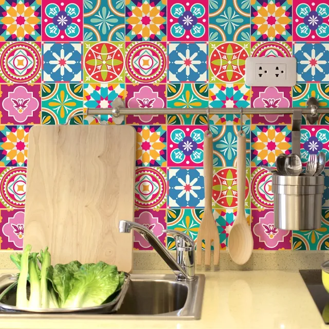 Ambiance Sticker Tegelstickers voor de muur in keuken en badkamer - 9 Amber Azulejos cementtegelstickers - 9 stickers van 20x20 cm Multi color