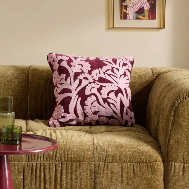 NOUS Living vierkante gebloemde sierkussenhoes Rosie 45x45 cm - bordeaux/roze burgundy/roze