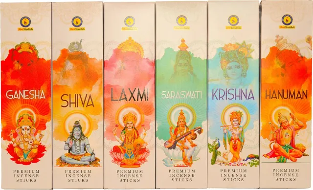 Shri Shubh Wierook Shri Shubh Agarbatti 6 pakjes-met afbeeldingen van hindoegoden en -godinnen - Ganesh, Shiva, Laxmi, Saraswati, Krishna en Hanuman Blauw