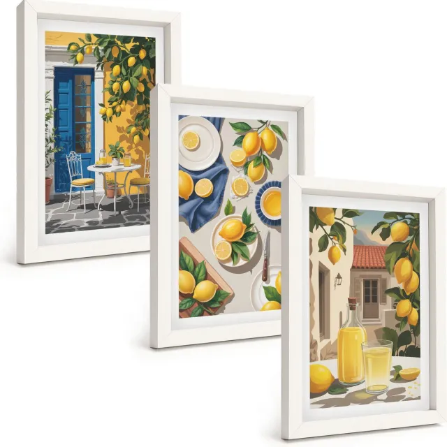 TULUP 3-Delige Schilderij Set - Citroentuin met citroenen en drankjes op tafel. - 20x30 - Wanddecoratie - Woonkamer Decoratie - Moderne Wanddecoratie Witte lijst