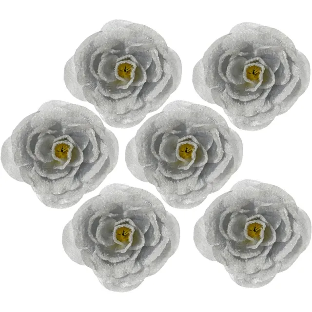 Decoris Kerstboomversiering Bloem - 6x stuks - 12 cm - zilver glitter - op clip - ornament - roos