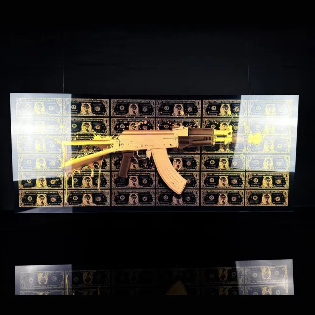 blackarts AK47 X DOLLAR EDITION schilderij op plexiglas 120x50cm golden zwart