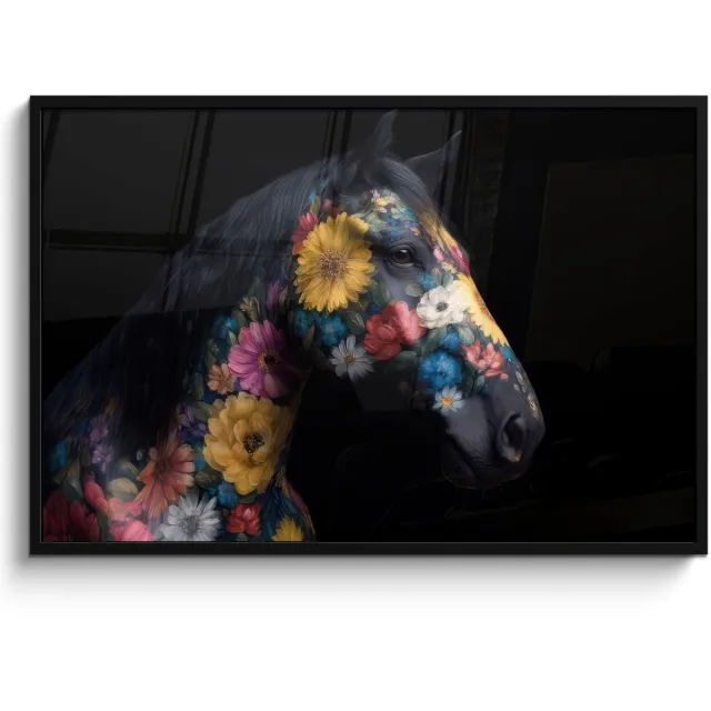 FrameYourWall Poster in lijst - Fotolijst 120x80 cm - Posters - Paard - Bloemen - Zwart - Posterlijst zwart - Decoratie - Wanddecoratie woonkamer - Muurdecoratie slaapkamer