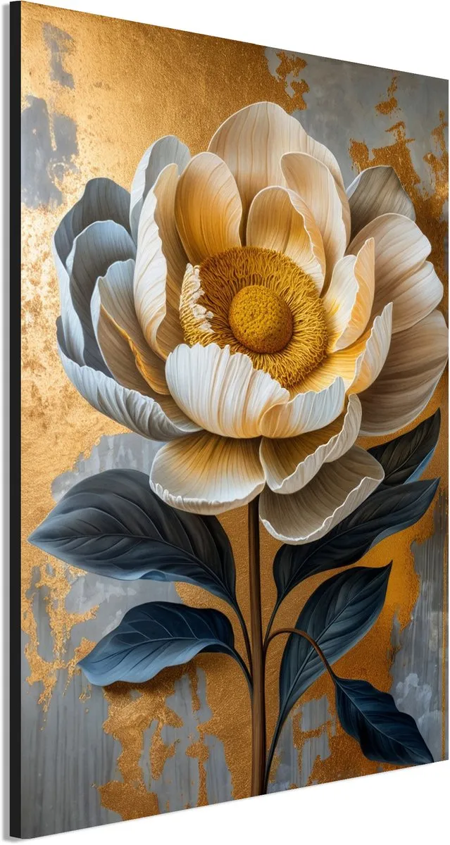 De Online Drukwinkel Wanddecoratie Metaal - Aluminium Schilderij Gouden bloei pracht - 90 x 60 cm - Bloem - Muurdecoratie woonkamer en slaapkamer - Inclusief ophangsysteem - Modern - Modern - Displate alternatief
