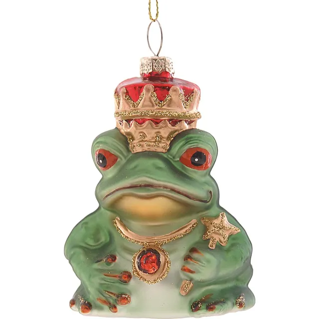 Viv! Christmas Kerstornament - Kikker met Kroon - glas - groen rood - 10cm