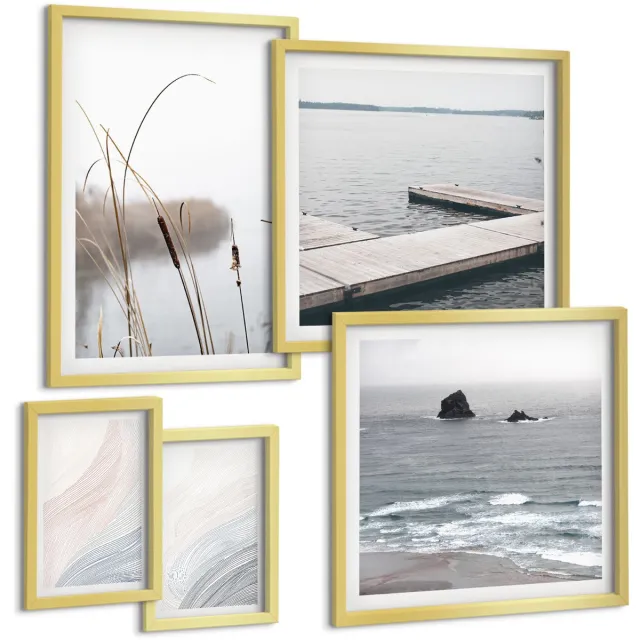TULUP 5-Delige Schilderij Set - Minimalistische zeegezichten met zachte golven - 50 x 50 cm, 20 x 30 cm en 40 x 60 cm - Muurdecoratie - Schilderijen Set - Woonkamer Gouden lijst