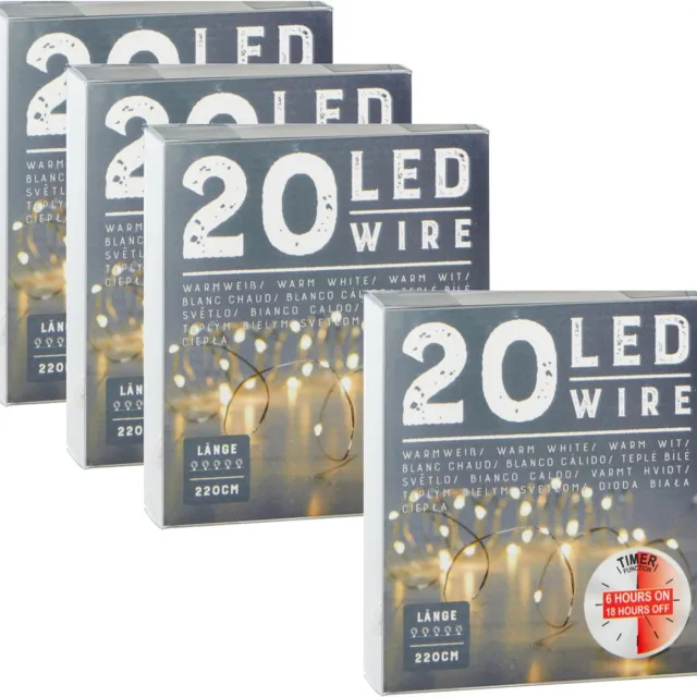 Cepewa Draadverlichting lichtsnoer - 4x - 220 cm - 20 leds - warm wit - batterij - timer - kerstverlichting