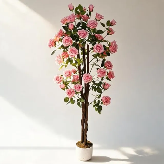 HOERFURIY grote kunstrozenboom - enkel stuk 150cm roze drie houtstammen 21 bloemen polyester met pot
