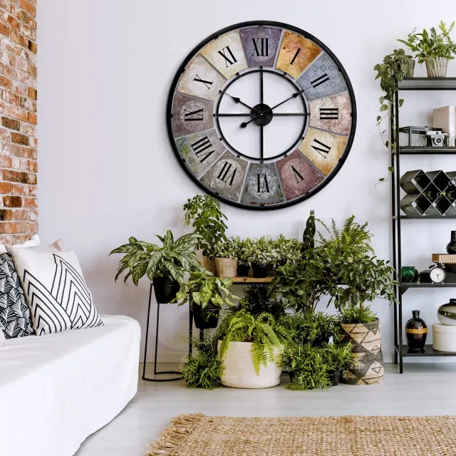 K&L Wall Art Grote vintage wandklok Retro XXL antieke metalen klok roestvrij staal grote shabby chic Romeinse cijfers groot voor woonkamermuur Ø 80 cm (metaal kleurrijk)